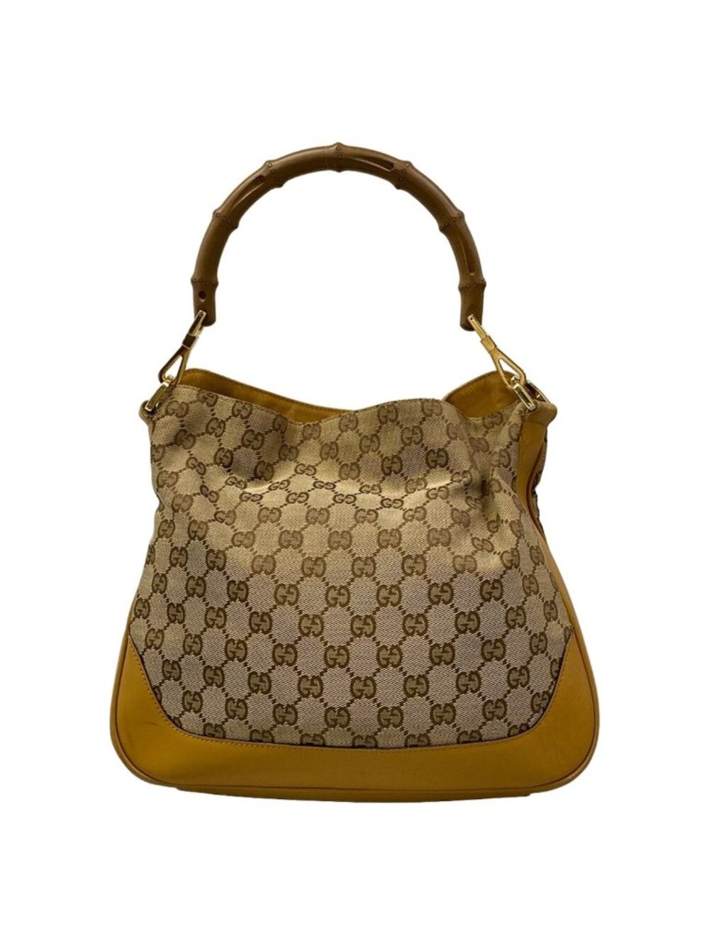 Gucci Handbag Bamboo GG Pattern Beige Dark Brown Orange Leather